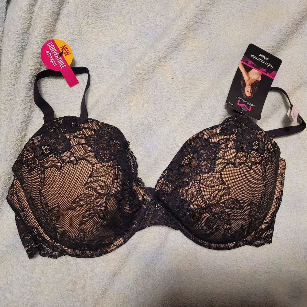 NWT Maidenform 38D Push Up Black Nude Lace Overlay Bra